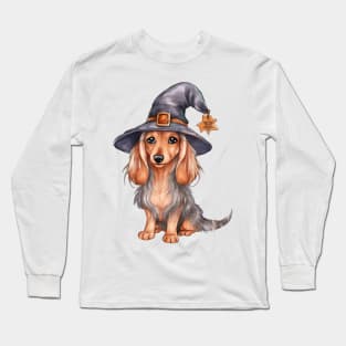 Watercolor Dachshund Dog in Witch Hat Long Sleeve T-Shirt
